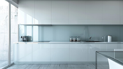 Fototapeta na wymiar A minimalist kitchen featuring sleek white cabinets and a glass backsplash.