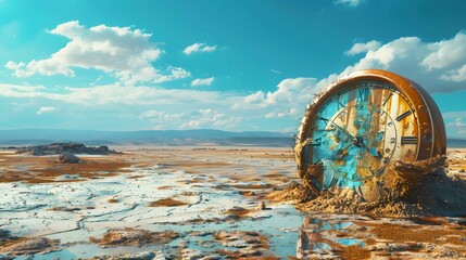 A surrealistic scene of a clock melting in a desert landscape representing the distortion of time