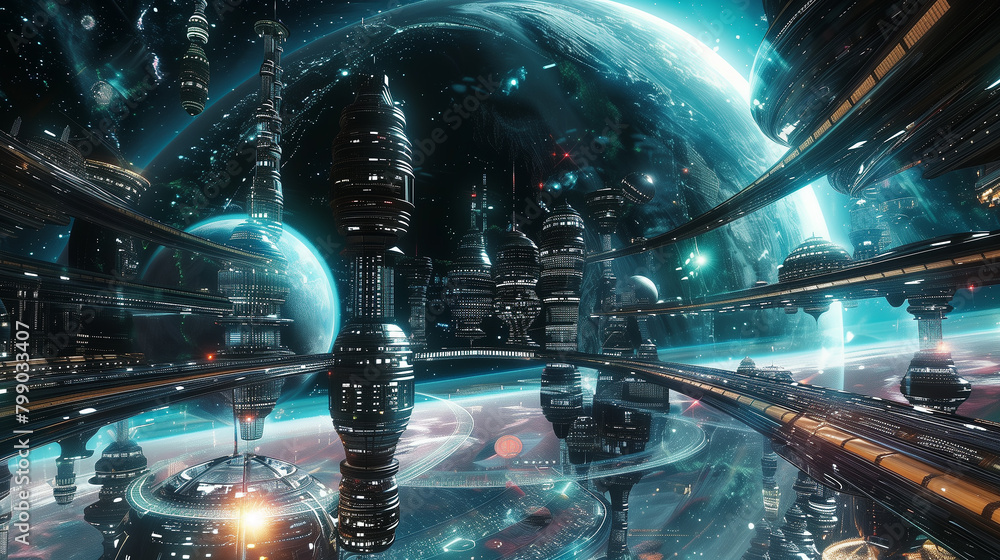 Poster futuristic sci-fi scene with advanced technology and spaceships