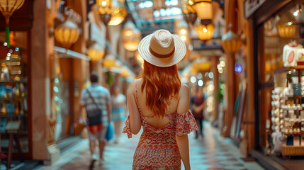 A red-haired, impressed traveler in a summer outfit is browsing the street market in Dubai while purchasing trinkets at an Emirates mall. The UAE's luxurious and comfortable travel season