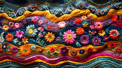 A textile artwork featuring intricate embroidery of decorating material Lace Backgrounds inspired by traditional folk art - obrazy, fototapety, plakaty