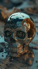 A skull made of liquid metal, with gold and silver details, laying on the ground, dirty.