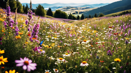Obraz premium A vibrant field of wildflowers stretching to the horizon, alive with the buzz of bees and the flutter of butterflies