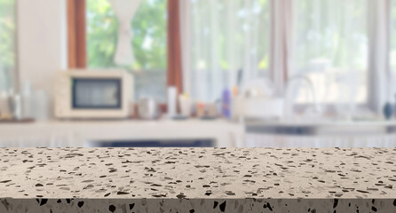 beige brown terrazzo stone table top on blur cafe minimal kitchen counter at background in bright...