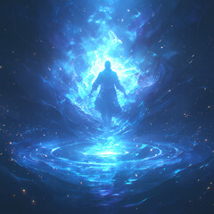 Heroic Silhouette with Pulsating Blue Energy Aura, Surrounded by Magic Swirls and Nebula