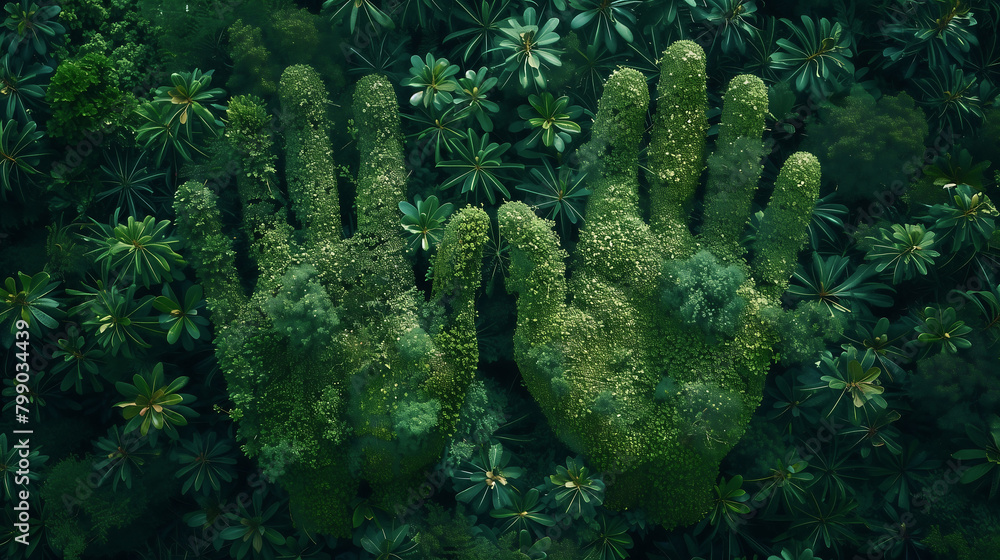 Wall mural Hands made of green forest, protect the environment, esg, prevent deforestation, protect forest resources