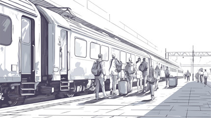 Monochrome horizontal sketch with people passengers - obrazy, fototapety, plakaty