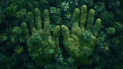 Hands made of green forest, protect the environment, esg, prevent deforestation, protect forest resources
