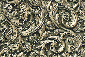 pattern of filigree leaves and swirls, carved, silver beige colors, acanthus, floral forms, fluidity, money style texture, illustration // ai-generated 