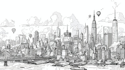 Monochrome outline cityscape with skyscrapers bridg