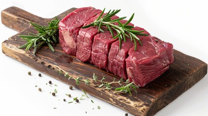 Fresh beef tenderloin with rosemary and black pepper on a rustic wooden board for gourmet cooking