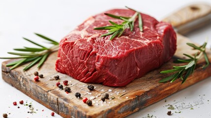 Fresh beef tenderloin with rosemary and black pepper on a rustic wooden board for gourmet cooking
