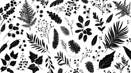 Monochrome seamless pattern with parts of winter pl