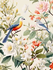 Country birds amidst flora, endless charm, flat pattern, white background ,  high resolution