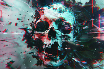 skull exploding, glitch art, chaotic blend of digital effects, distorted, illustration // ai-generated 