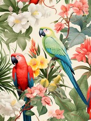 Parrot party, botanical mix, repeating flat pattern, white bg ,  high resolution
