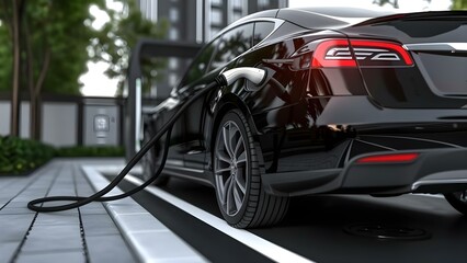 Powering up an electric vehicle with a power supply. Concept Electric Vehicles, Power Supply, Charging Infrastructure, Sustainable Transportation, Clean Energy