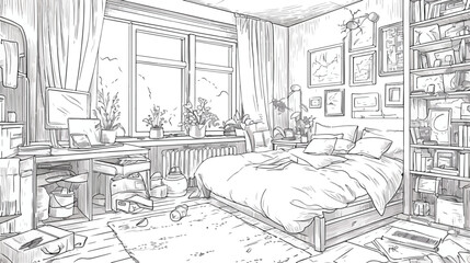 Monochrome sketch of comfortable bedroom furnished
