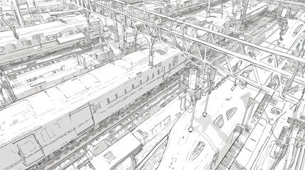 Monochrome sketch top view of railway station platf