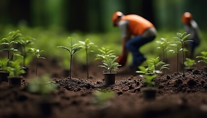 Miniature people planting trees and restoring a miniature forest - obrazy, fototapety, plakaty