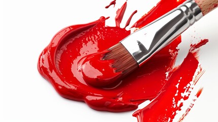 Brushstroke of vibrant red paint with brush on white background ideal for artistic concepts