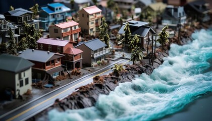 A miniature model of a town with houses, trees, and a road. The town is located on a rocky coast and is being flooded by a large wave.