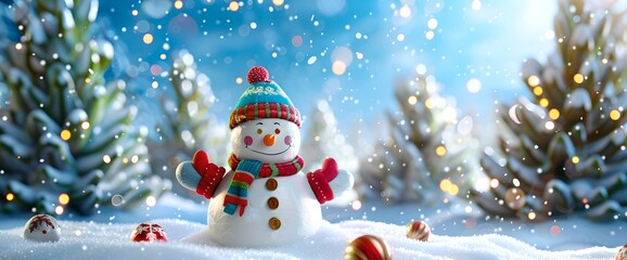 Joyful snowman in a winter wonderland with snowy trees backdrop. Festive seasonal scenery for holiday concepts. Vibrant, idyllic image perfect for cards. AI