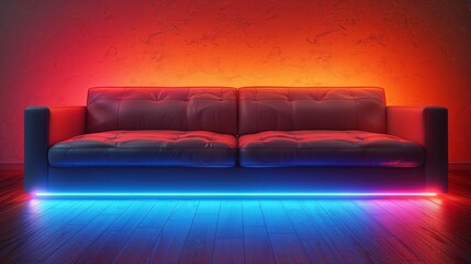   A couch sits atop a hardwood floor, adjacent to a red wall A neon light illuminates the space