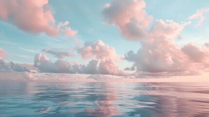 A serene sea touches a sky dotted with fluffy clouds, each detail captured in a soothing pastel tone color palette