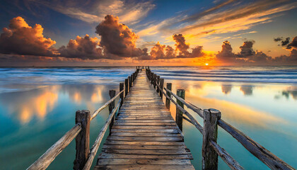 Fototapeta premium Beautiful landscape, old wooden pier on the beach in the afternoon. Natural scenery with clouds
