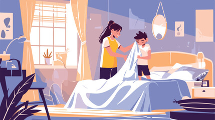 Mother and father make bed with playful kid. Happy