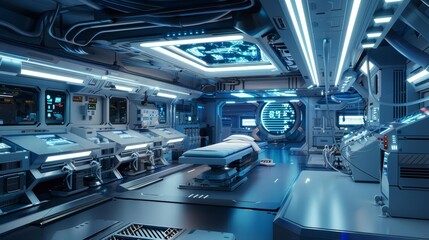 An animated 3D model of a futuristic lab with glowing technology