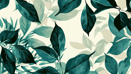 Green Leaves Seamless Pattern on Beige Background with White Space for Design or Decoration