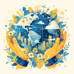 Colorful Illustration of a Person's Hands Cradling the World, Symbolizing Sustainability and Environmental Care