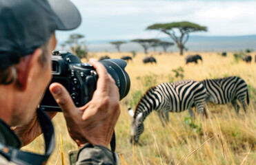 Obraz premium A person holding an expensive camera, taking pictures of zebras in the savannah. The focus is on their hand and part of his face visible behind it, showing he's looking at something