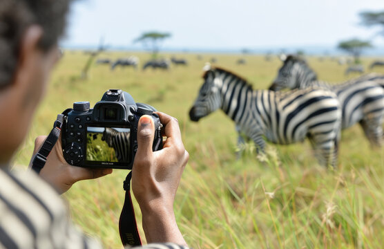 A person holding an expensive camera, taking pictures of zebras in the savannah. The focus is on their hand and part of his face visible behind it, showing he's looking at something - Powered by Adobe