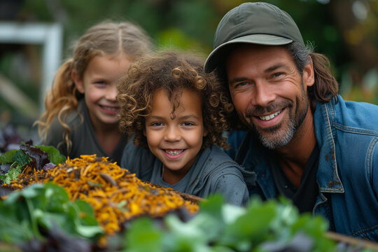 Man And Two Children Smiling In Garden By Compost Bins, Fresh Organic Farm Produce Sustainability