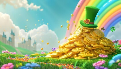 At the end of the rainbow, the leprechauns gold exchange was a fail business, with no customers willing to trade real gold for wishes Cartoon concept - obrazy, fototapety, plakaty