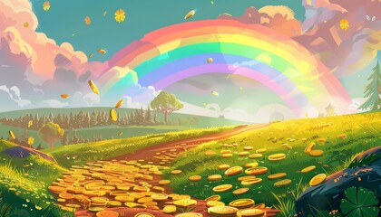 At the end of the rainbow, the leprechauns gold exchange was a fail business, with no customers willing to trade real gold for wishes Cartoon concept