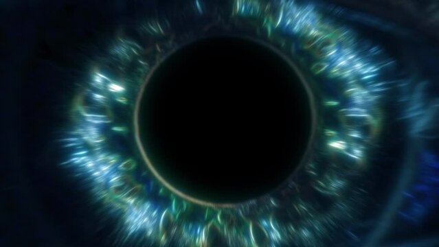 Close-up of neon human eye. Magnification of pupil in black background