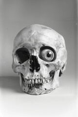 skull with one eye on a white background, frontal view, black and white, photorealistic // ai-generated 