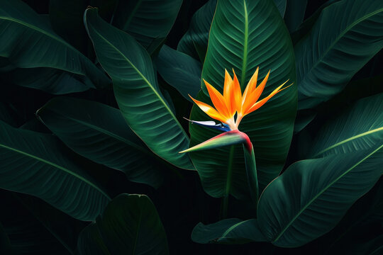 Exotic Bird of Paradise Flower Blooming in Lush Green Vegetation Among Dark Foliage in Nature