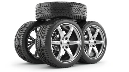 Set of modern car tires stacked on white background. Detailed rubber texture shown. Ideal for automotive sales or services. 3D render. AI