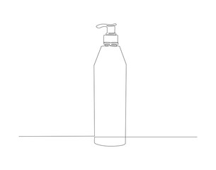Continuous line drawing of shampoo container bottle. One line of shampoo with pump dispenser. Liquid gel concept continuous line art. Editable outline.