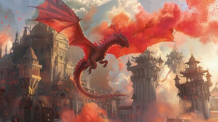 full body character concept art, very small flying dragon without legs, red smoke around it, palace background, view from the front, illustration style AI generated
