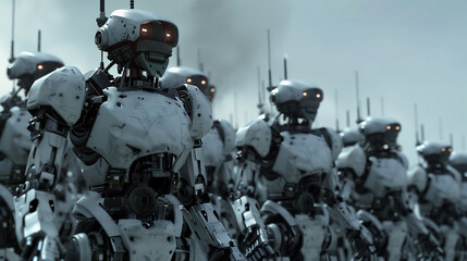Futuristic military robots forming a formation.
