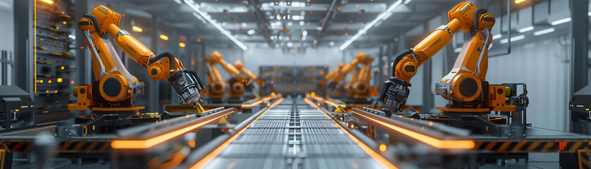 An orange robotic arm on a car assembly line