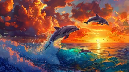 Playful dolphins leap as the sunset paints the clouds in vibrant, bright water colors, creating a breathtaking scene