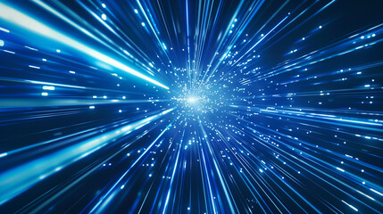 Fototapeta premium A blue light with many blue lines and dots. The light is very bright and it looks like it is moving