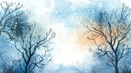 The cool breeze of January whispers through the trees, their branches sketched in delicate handdrawn illustrations set against a bright water color sky